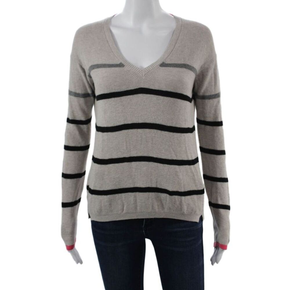 L T Unisex Beige Striped V-Neck Pullover 95% Cotton 5% Cashmere Size XS